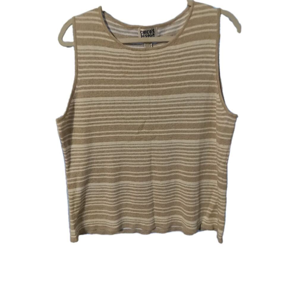 Chicos 3 Linen Blend Tank Taupe Stripes Classic Minimalist Closet Staple